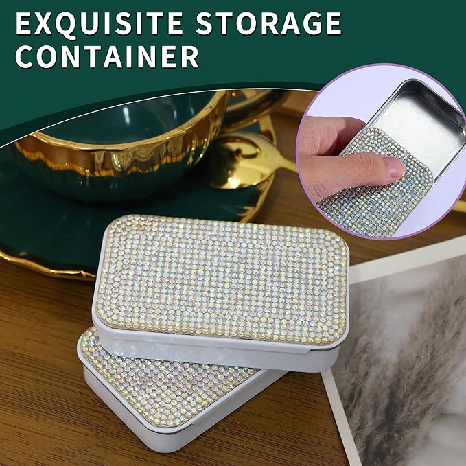 2Pcs Bling Dental Floss Holder,Portable & Refillable Floss Pick Holders, Metal Tin Box Case for Q-tip,Cotton Swab(White)