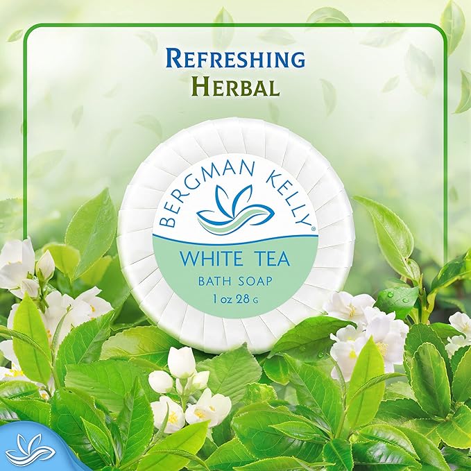 BERGMAN KELLY Round Hotel Soap Bars, Shampoo & Conditioner 3-Piece Set (1 oz each, 150 pc, White Tea), Delight Your Guests with Revitalizing & Refreshing Mini Travel Toiletries & Bulk Amenities