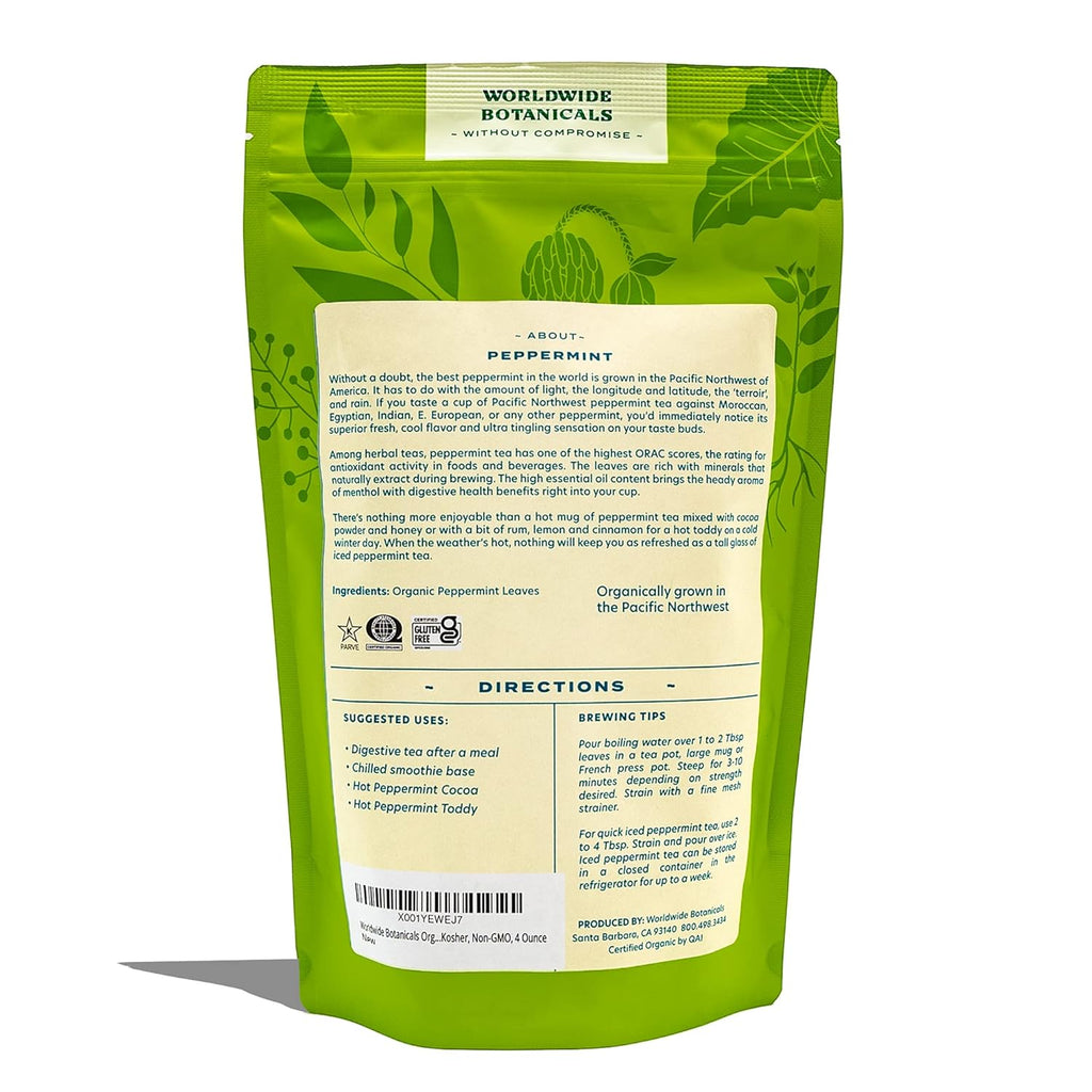 Worldwide Botanicals Organic Peppermint Loose Leaf Tea, 4 oz - Pacific Northwest Organic Cultivation, Highly Aromatic Digestive Tea, Antioxidant, Caffeine Free