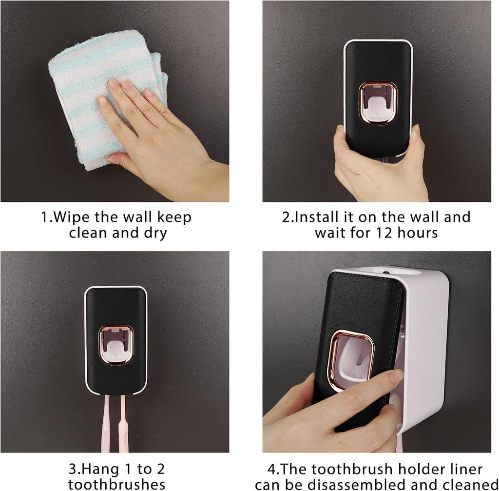 2 Slot Plastic Toothbrush Holder and Toothpaste Dispenser Wall Mounted, Automatic Toothpaste Squeezer, 2 in 1 Tooth Brush Toothpaste Organizer for Shower (Black)