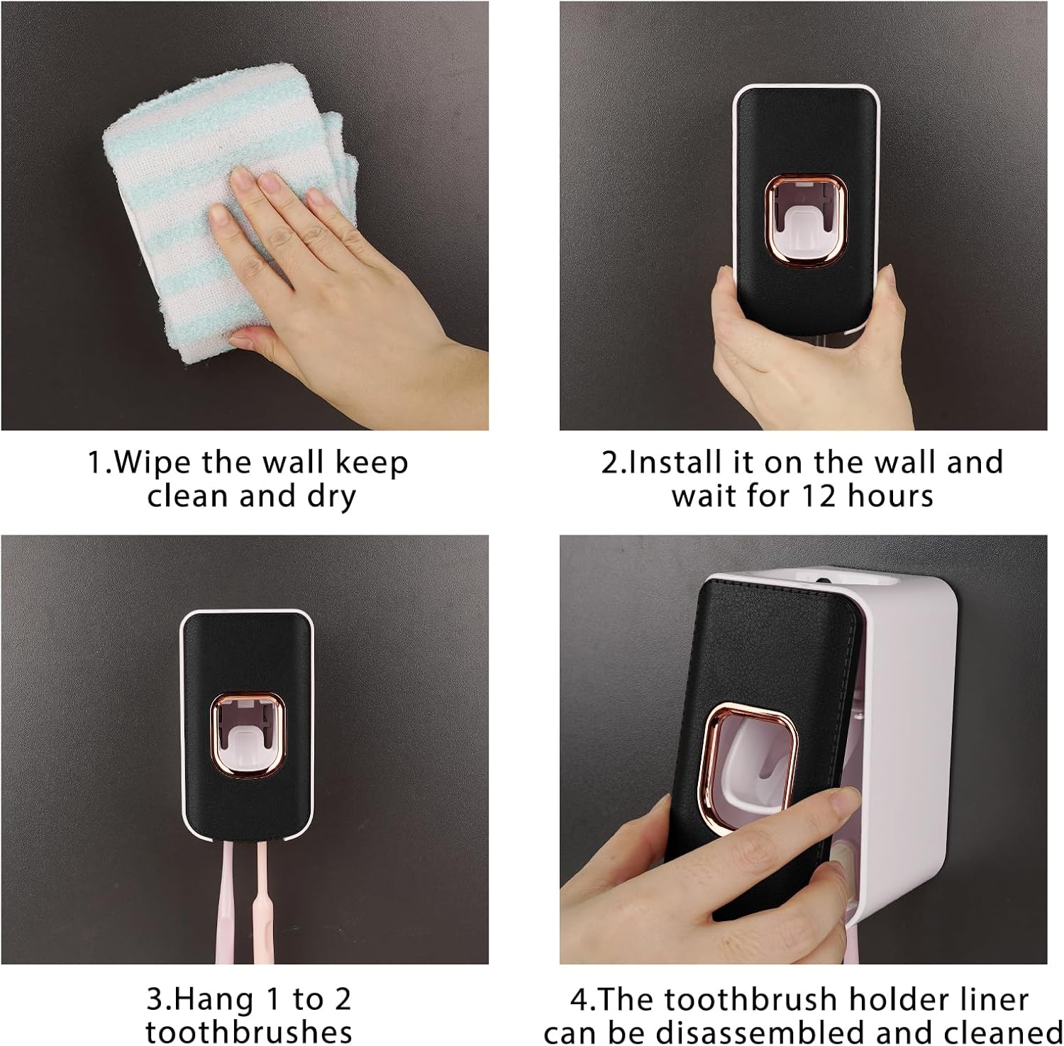 2 Slot Toothbrush Holder and Toothpaste Dispenser Wall Mounted, Automatic Toothpaste Squeezer, 2 in 1 Tooth Brush Toothpaste Organizer for Shower (Black 2Pack)