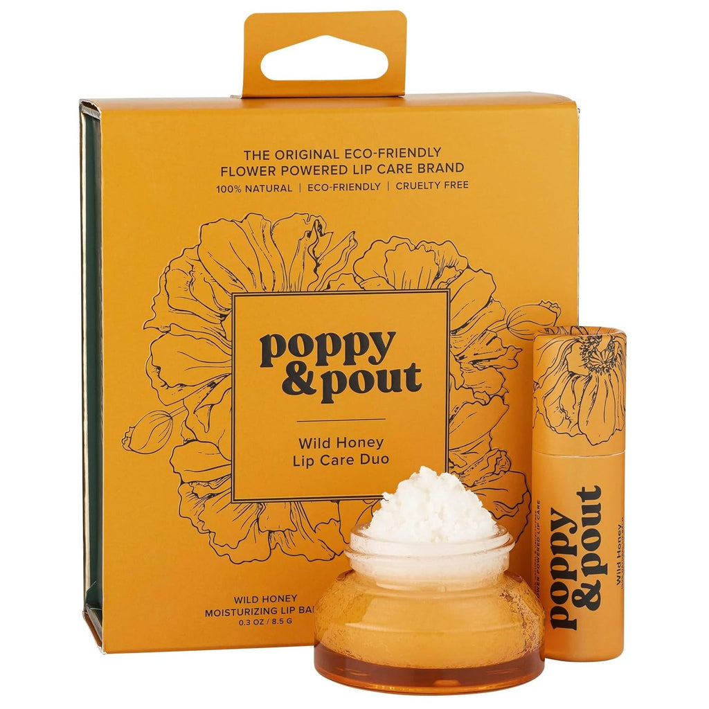 Poppy & Pout Lip Care Set | Lip Balm & Scrub | Sustainable Cardboard Tubes & Glass Jars, All Natural, Beeswax, Coconut Oil, Cruelty Free, Exfoliating & Moisturizing Lip Treatment (Wild Honey)