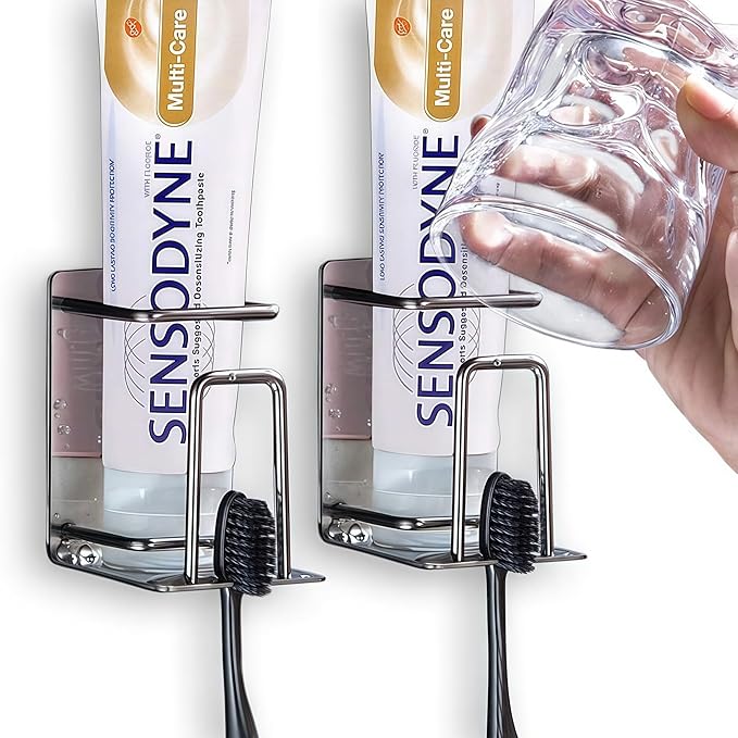 HANZE 2 Pack Toothbrush Holder 304 Stainless Steel Adhesive Wall Mounted 3 in 1 with Toothbrush Holder Toothpaste Holder and Cup Holder for Bathroom Shower