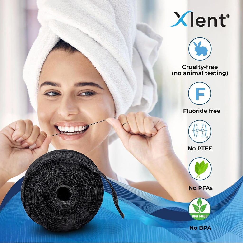 Xlent Expandable Dental Floss Treated with Activated Charcoal, Xylitol, Natural Plant Based Wax, Refreshing Mint Flavor - Pack of 5 (Refills Only)