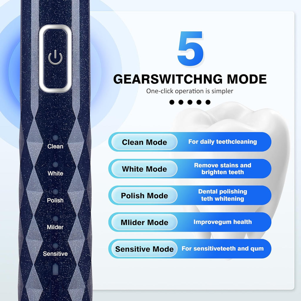 Sonic Electric Toothbrush for Adults - Deep Cleaning Teeth Whitening6 Replacement Brush Heads100-Day Battery5 Modes w/SensitiveIPX7 Waterproof (Color Options)