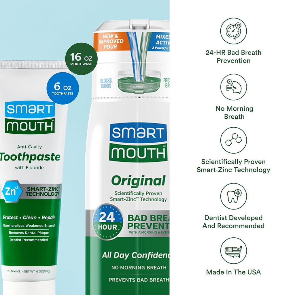 SmartMouth Premium Zinc Ion Toothpaste & Original Activated Mouthwash Combo - Whitening Toothpaste with Fluoride (Mild Mint Flavor) & Adult Mouthwash for Bad Breath (Fresh Mint Flavor)