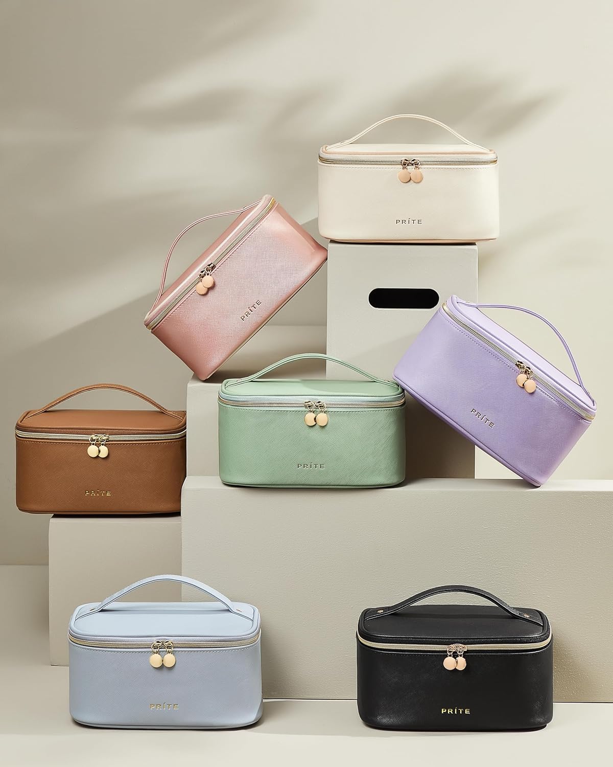 Prite Makeup Bag Portable Cosmetic Organizer with Brush Holder Waterproof Travel Toiletry Bag for Women with Handle and Divider (Checkered Pink)