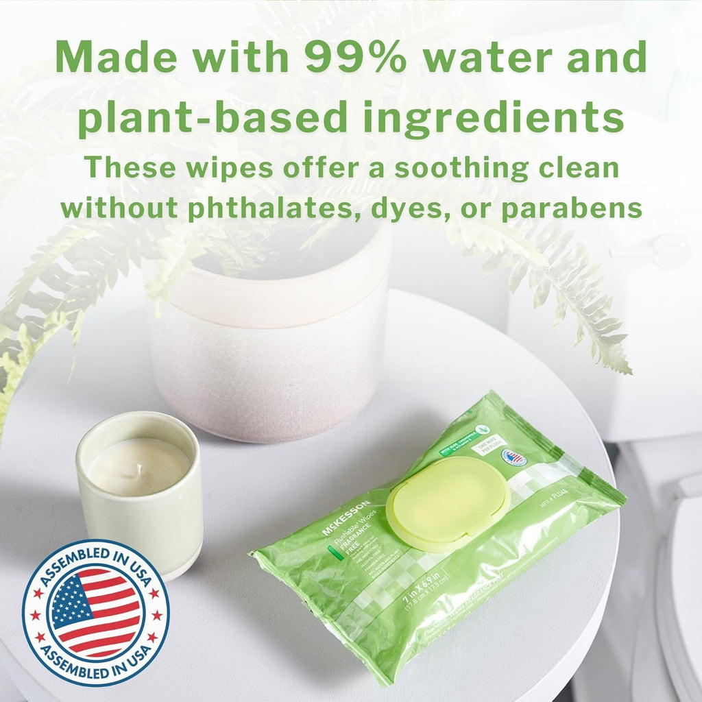 McKesson Flushable* Adult Wet Wipes – 288 Wipes (6 Pack of 48) – Aloe & Vitamin E, Plant-Based Cleansing Wipes, Unscented