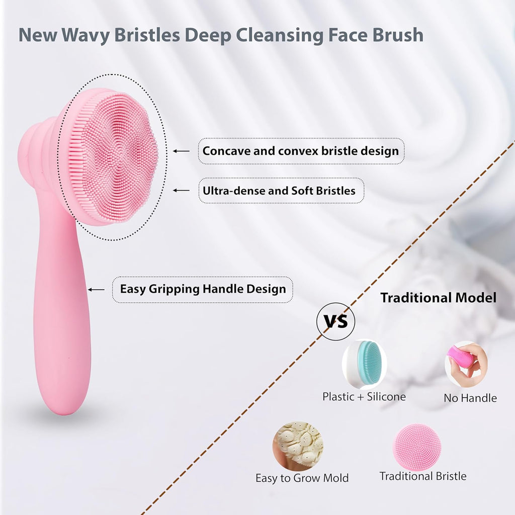 2 PC Silicone Facial Cleansing Brush Facial Scrubber Manual Exfoliating Facial Brush Face Cleanser Face Exfoliator Ultrafine Bristles for Sensitive Skin Easy to Clean Lather Well(Pink&Green)