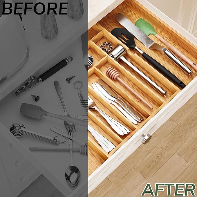 BAMEOS drawer organizer flatware organizer cutlery tray silverware organizer expandable adjustable bamboo drawer organizer kitchen bathroom