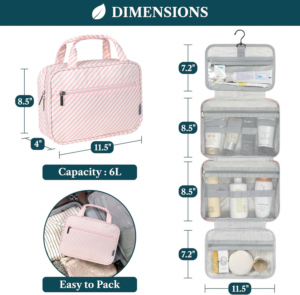 PAVILIA Hanging Toiletry Bag Travel Bag Women Men, Foldable Cosmetic Organizer, Roll up Makeup Bag, Water Resistant Accessories Toiletries, Large Travel Essentials Kit (Pink Stripe)