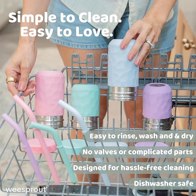 WeeSprout 2-in-1 Drinking Cups for Kids, Durable Stainless Steel Tumbler for Smoothies, Silicone Straws with Stoppers, Premium Plastic Twist Lids, Easy-Grip Sleeves, Set of 4 Dishwasher Safe Kid Cups