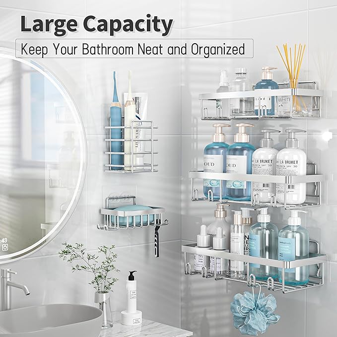 5 Pack Shower Caddy Organizer Rack Shelf for Inside Shower, Self Adhesive Bathroom Wall Storage Basket Rustproof Stainless Steel Large Capacity Shampoo Holder, Silver