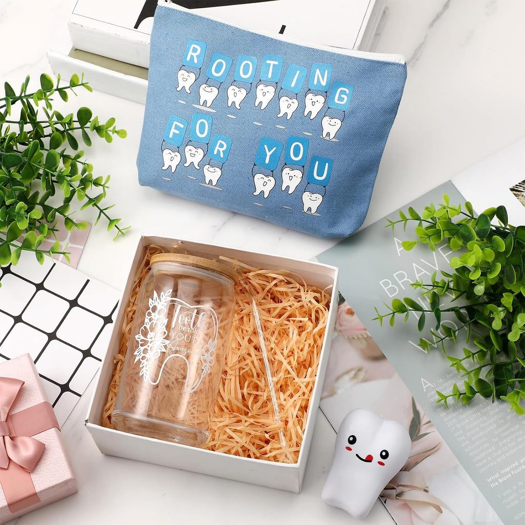 Sliner 3 Pcs Dental Nurse Gifts Dental Hygienist Gift 16 oz Glass Cups Makeup Bag Teeth Stress Toy for Women Coworkers Nurse Assistant Retirement Graduation Birthday Christmas Dentist Gift(Blue)