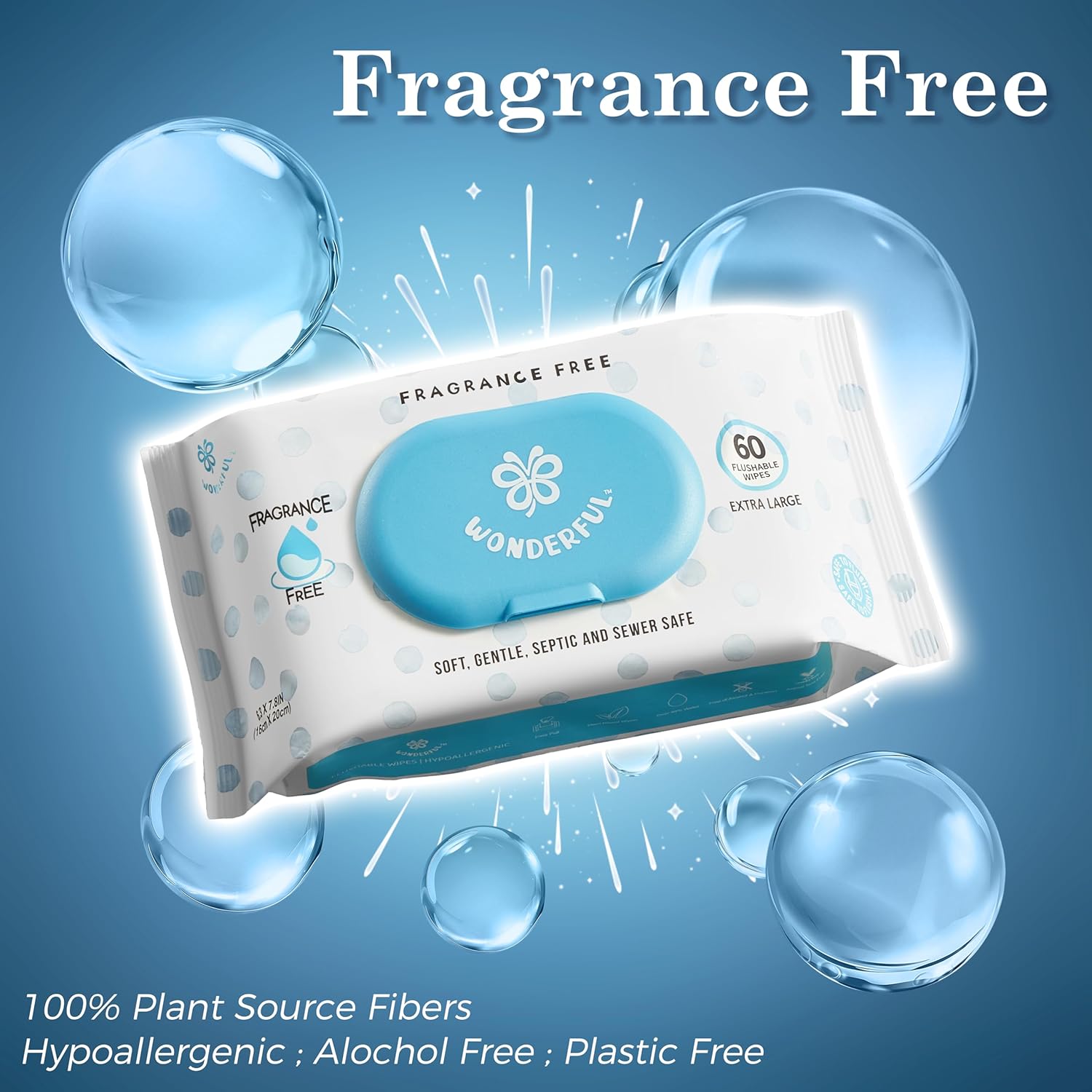 WONDERFUL Flushable Wipes, Unscented 100% Plant-Based Wet Butt Wipe for Adults & Kids, Sewer Septic Safe, Gentle for Sensitive Skin, Wipes Flushable Pack for Bathroom & Travel, 6-Pack (360 Counts)