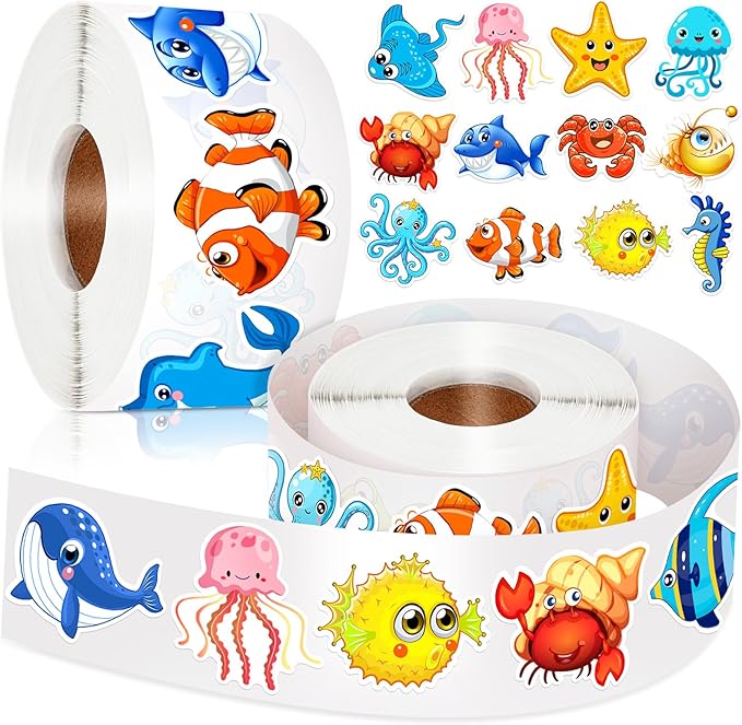 1200 Pcs Ocean Animal Stickers Roll Sea Animal Stickers for Kids Cute Roll Sticker Cartoon Fish Sticker Deals Sea Creature Labels for Teacher Reward School Supplies Incentives (16 Styles)