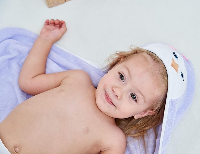 HIPHOP PANDA Hooded Towel - Rayon Made from Bamboo, Bath Towel with Bear Ears for Newborn, Babie, Toddler, Infant - Absorbent Large Baby Towel - Purple Penguin, 37.5 x 37.5 Inch