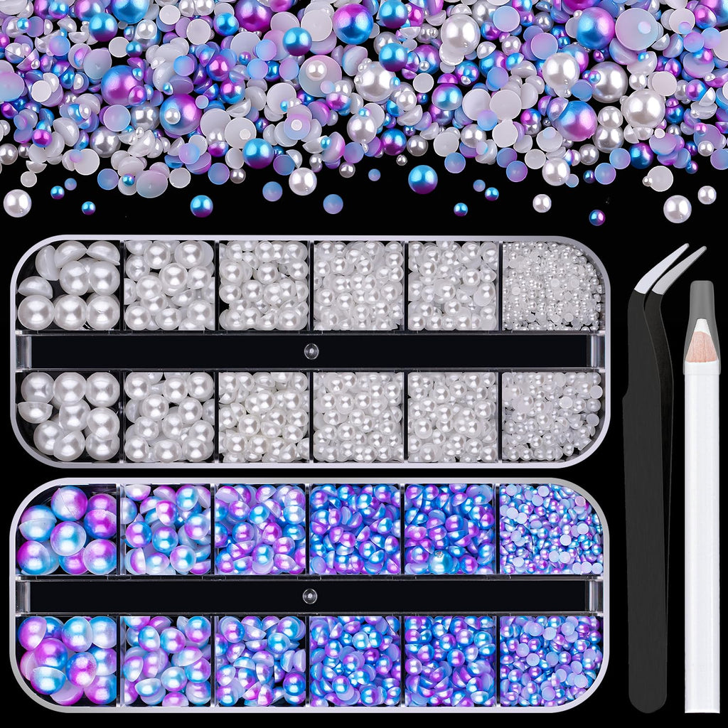 2 Boxes Flat Back Pearls Kit 14 Flatback White&Blue Mermaid Half Round Pearls 2-8mm with Pickup Pencil and Tweezer for Home DIY and Nail Art, Face Makeup and Craft