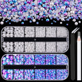 2 Boxes Flat Back Pearls Kit 14 Flatback White&Blue Mermaid Half Round Pearls 2-8mm with Pickup Pencil and Tweezer for Home DIY and Nail Art, Face Makeup and Craft