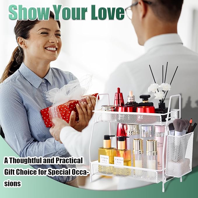 2024 upgraded Bathroom Organizer with Basket, 2-Tier Bathroom Tray for Countertop Storage Shelf, Vanity Organizer and Storage Kitchen Counter Organizers Spice Rack(White)