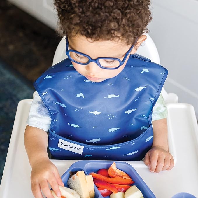 Tiny Twinkle Mess-Proof Baby Bibs for Eating | Waterproof, Wipeable Toddler Bibs with Catch-All Pocket | Feeding Bibs for Girls & Boys(3 Pack,Sea, Dino)