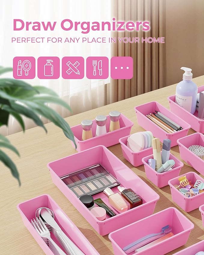 25 PCS Plastic Drawer Organizers Set, 4-Sizes Vanity and Makeup Organizer, Desk and bathroom Drawer Organizer Trays, Organizers and Storage for Makeup, Jewelry, Gadgets, Utensils(Light Purple)