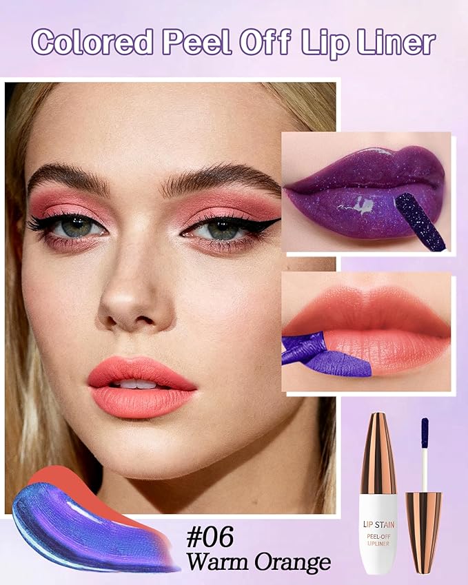 Lip Stain Peel Off, Waterproof Long Lasting Qiciy Tattoo Lip Gloss Color Peel Off Lips Tint Stain, Transfer-Proof Matte Tinted Lips Liner, High Pigmented Tattoo Lipstick Women Makeup-06 Warm Orange