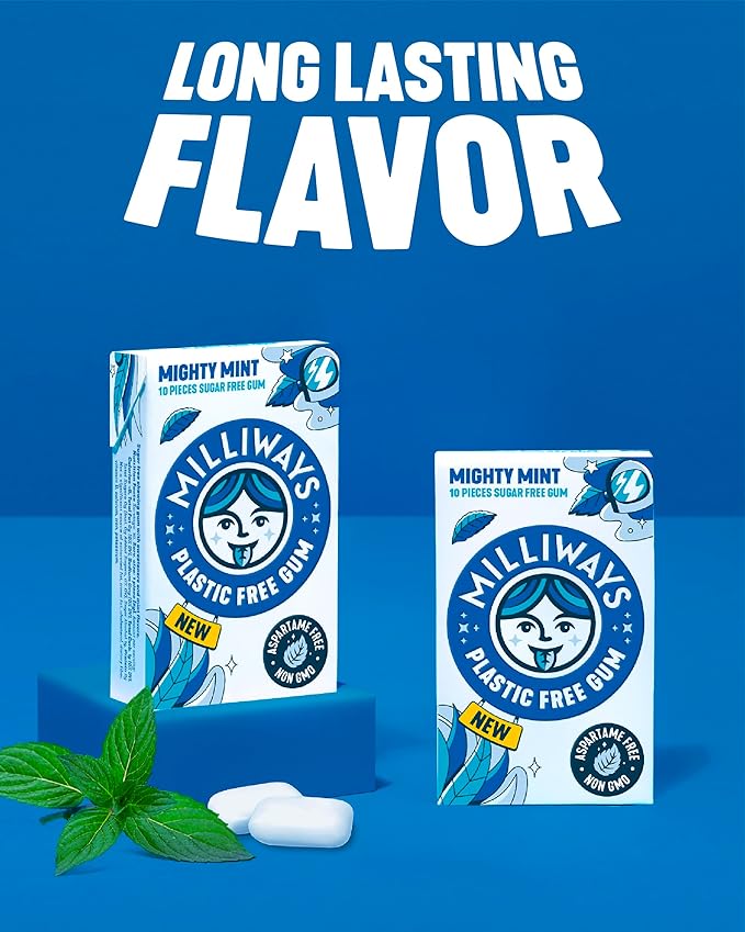 Milliways Mighty Mint | Plastic Free Gum | Xylitol, Aspartame-Free, Sugar-Free, Plant-Based, Natural Chewing Gum | 120 Pieces Total (12 Packs of 10 Pieces)