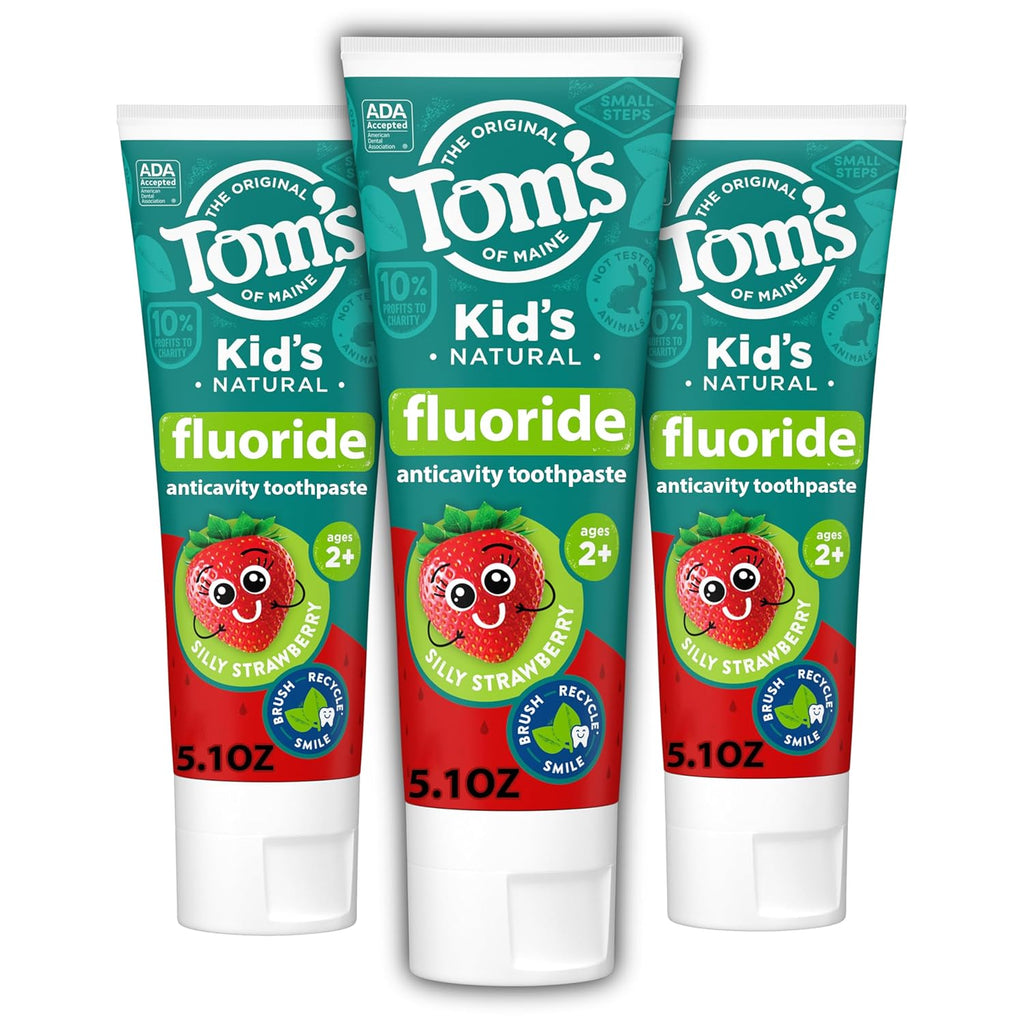 Tom's of Maine ADA Approved Fluoride Kids Toothpaste, Natural Toothpaste, Dye Free, No Artificial Preservatives, Silly Strawberry, 5.1 oz. 3-Pack (Packaging May Vary)