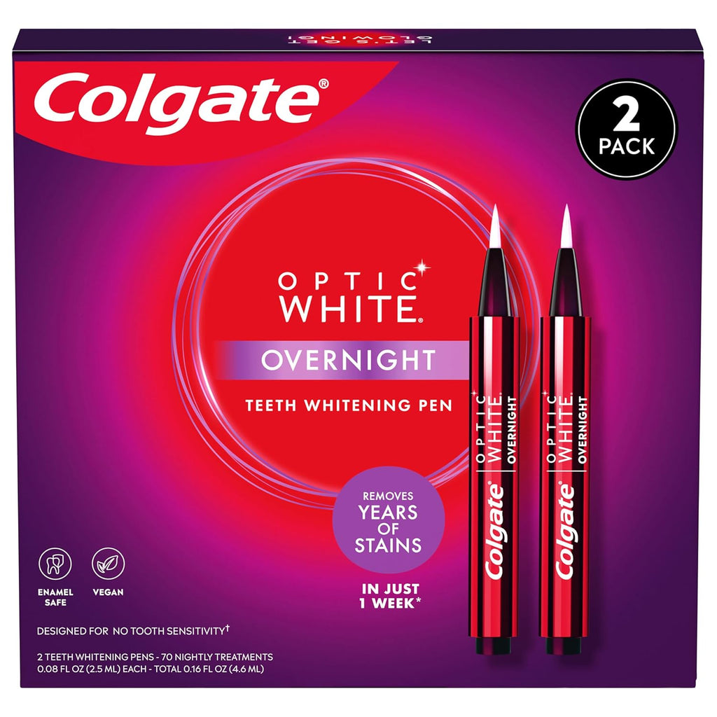 Colgate Optic White Overnight Teeth Whitening Pen, Enamel Safe and Vegan, Teeth Stain Remover to Whiten Teeth, Teeth Whitening for Sensitive Teeth, 35 Nightly Treatments Per Pen, 0.08 Oz,2 Pack