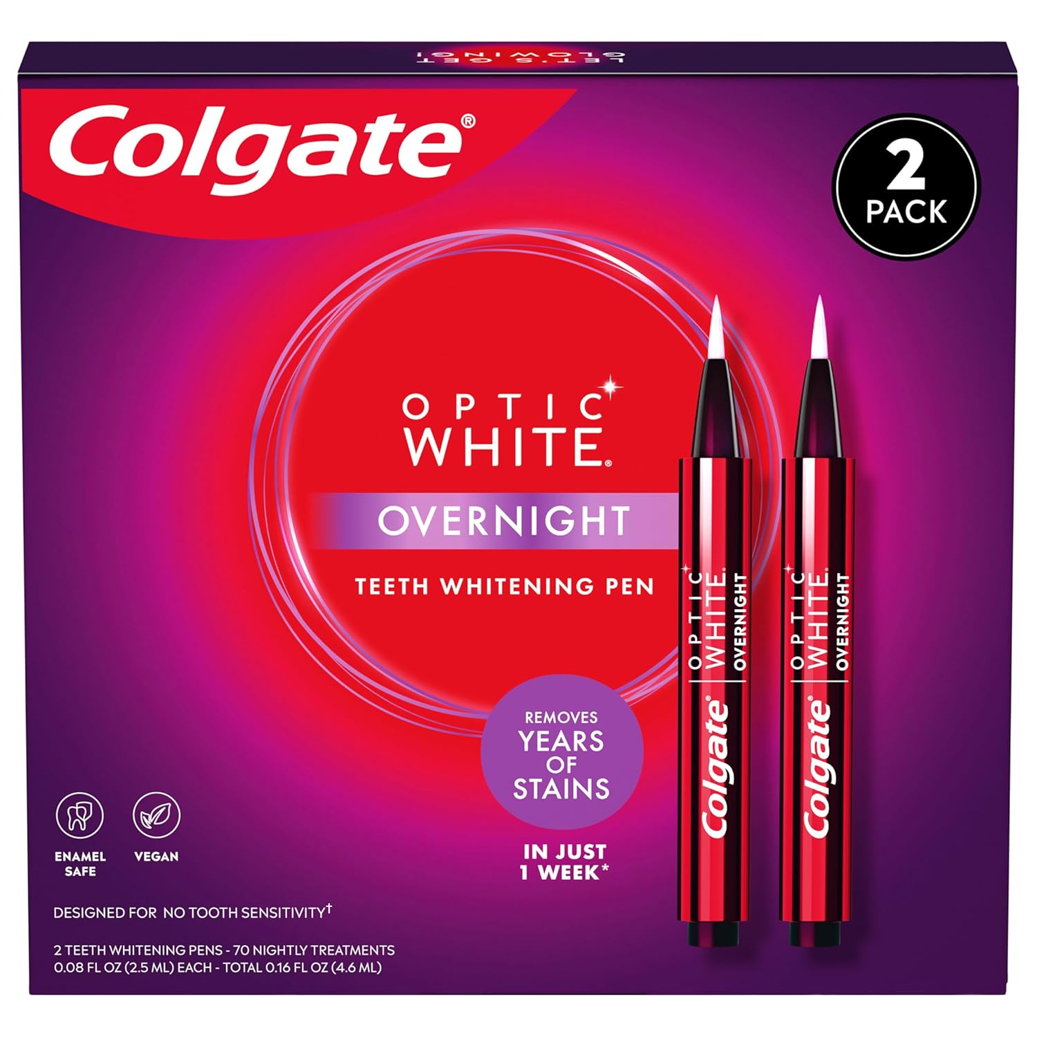 Colgate Optic White Overnight Teeth Whitening Pen, Enamel Safe and Vegan, Teeth Stain Remover to Whiten Teeth, Teeth Whitening for Sensitive Teeth, 35 Nightly Treatments Per Pen, 0.08 Oz,2 Pack