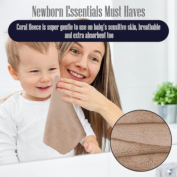16 Pack Baby Washcloths - 10x10 Inch, Coral Fleece - Extra Absorbent and Soft Wash Clothes for Newborns, Infants and Toddlers - Suitable for Sensitive Skin and New Born - Baby Shower - Brown