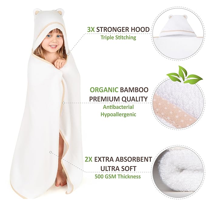 Premium Toddler Towels with Hood - Extra Soft Rayon from Bamboo Toddler Bath Towel (White)