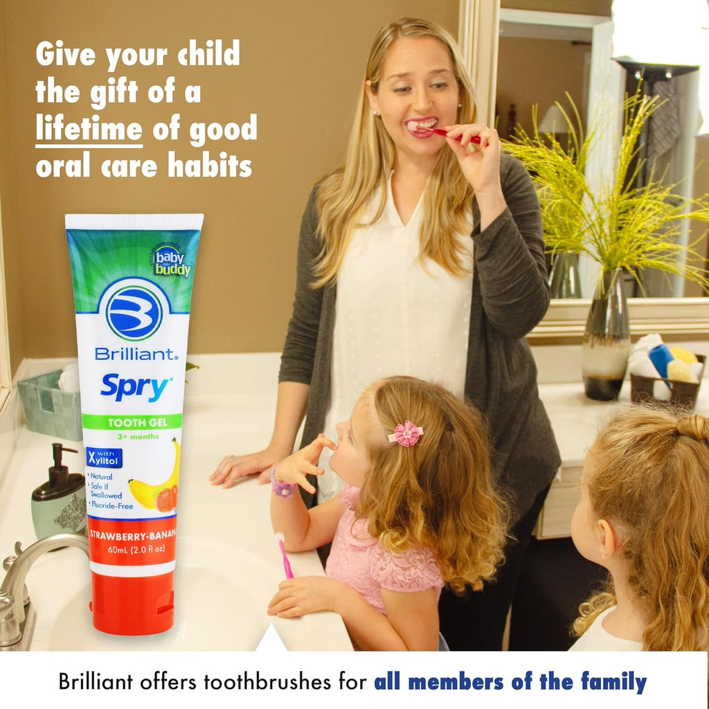 Brilliant Oral Care Kids Fluoride Free Toothpaste, Spry Gel with Xylitol, Strawberry Banana Flavor for Ages 3+ Months, 2 fl oz, 2 Pack