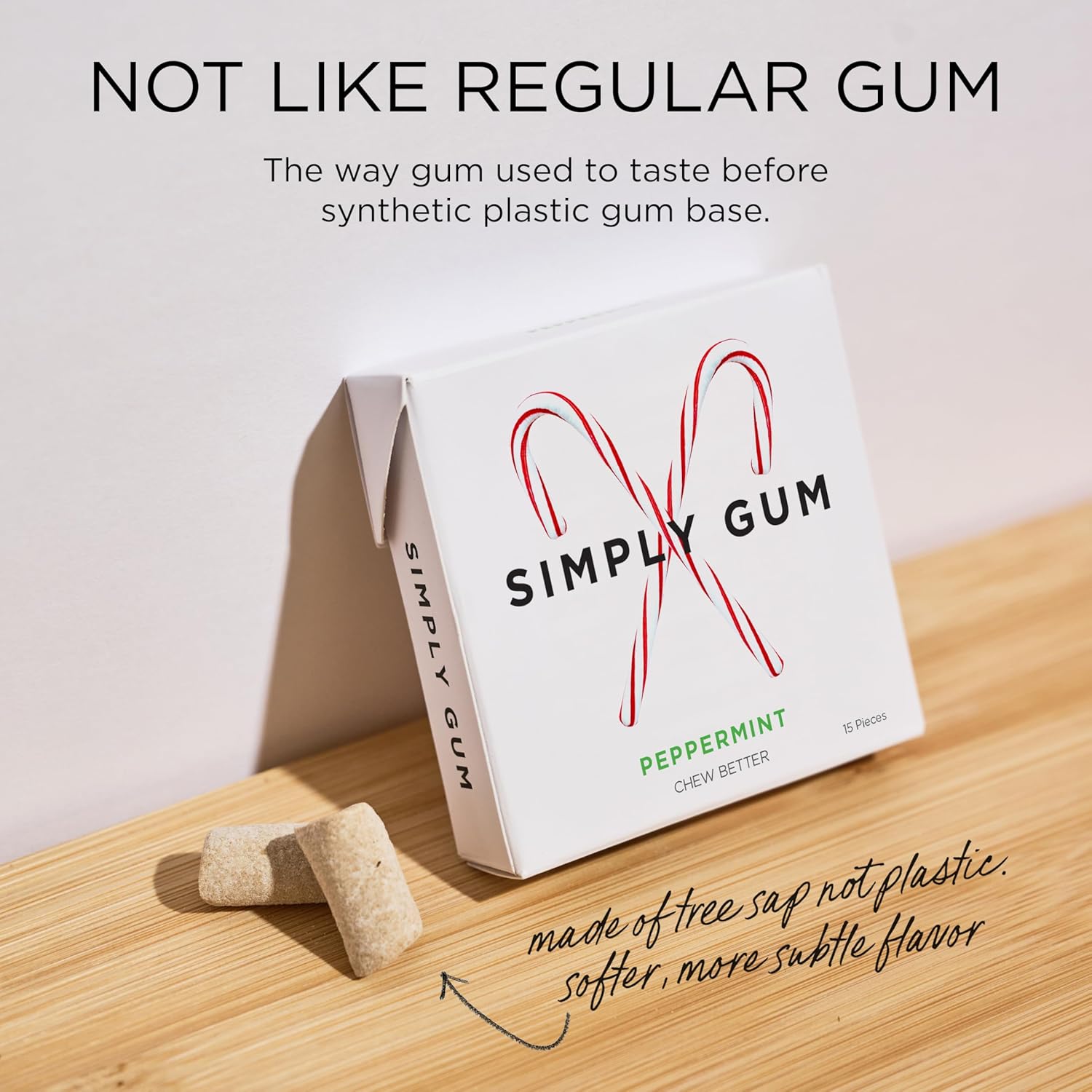 SIMPLY Gum Peppermint, Plastic-Free Natural Chewing Gum, Candy Cane Box 6 Pack (90 Pieces) | Vegan, Kosher, Non GMO, Aspartame Free and Sorbitol Free