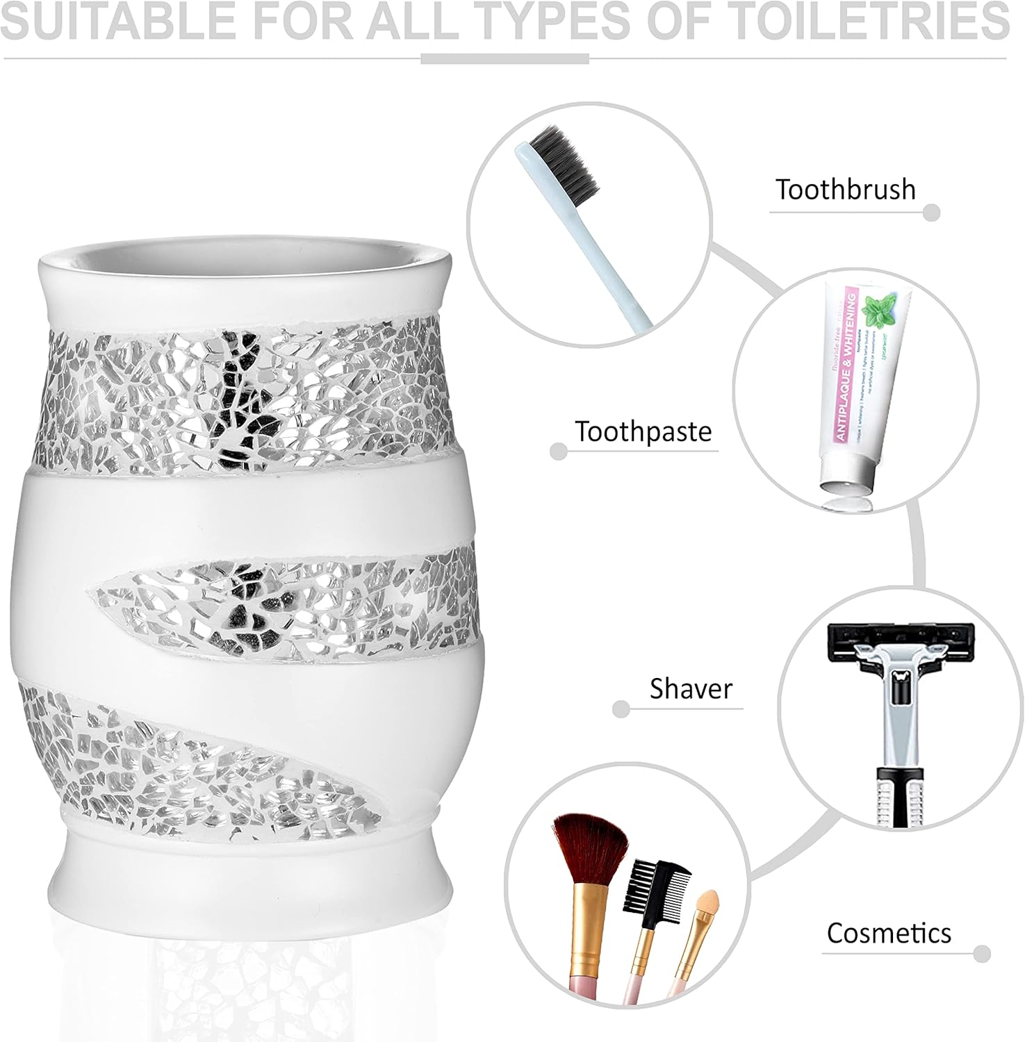 Zahari Home Sinatra Bath Tumbler Toothbrush and Toothpaste Holder Makeup Brushes Organizer, White