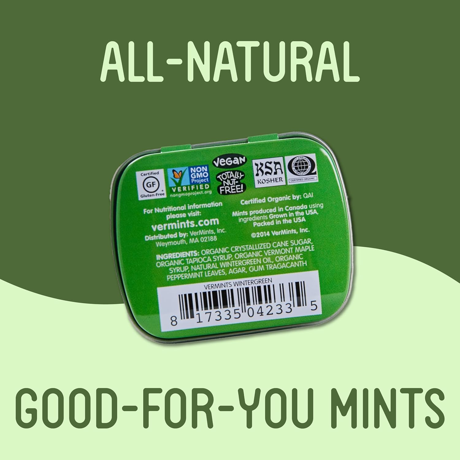 VerMints Organic Breath Mints Wintergreen - Real Long-Lasting Refreshment, Travel Size Tin - Non-GMO, Vegan, Nut Free, Gluten Free & Kosher Organic Candy Mints- .63oz/18g Tins (Pack of 12)