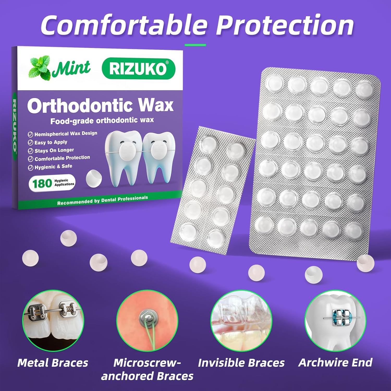 Orthodontic Wax for Braces - 180 Dental Wax Dots | Hygienic Individual Wraps, Mint Flavor