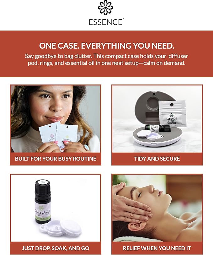 Essence Pearl Travel Case - Wearable Aromatherapy Kit with Nasal Diffuser Rings, Soaking Bay, and 5mL Essential Oil – Portable Wellness Gift Set for On?The?Go Self Care
