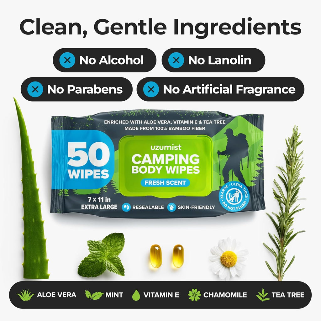Camping Essentials - Body Wipes for Camping Adults Bathing No Rinse - 50 XL Deodorant Bathing Shower Wipes For Men Women - Disposable Washcloths & Personal Cleansing - Travel, Workout