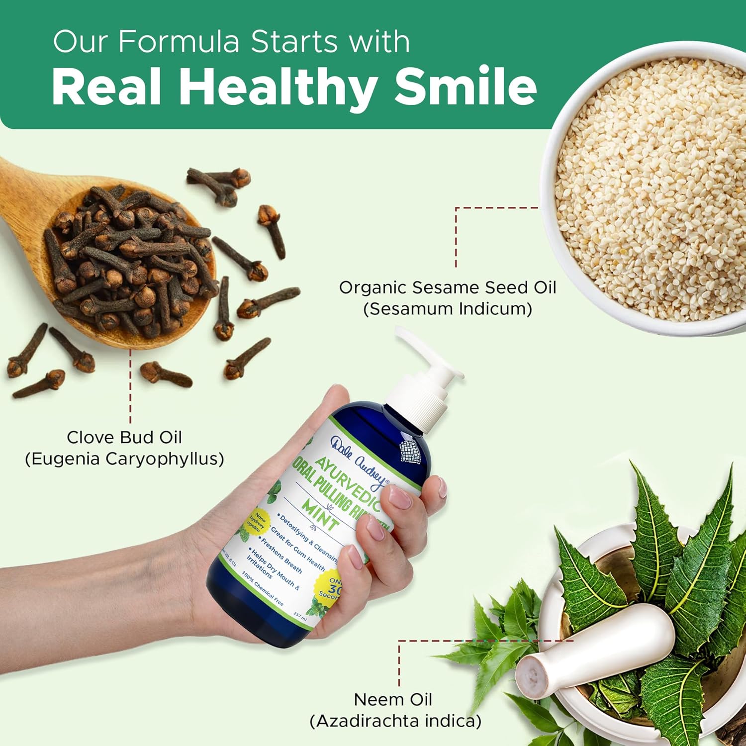 Dale Audrey Ayurvedic Nano Hydroxyapatite Oil Pulling for Teeth and Gum | Refreshing Cinnamon and Mint Flavored Organic Mouthwash Oral Rinse | Teeth Whitening Mouthwash for Fresh Breath (Mint, 8 oz)