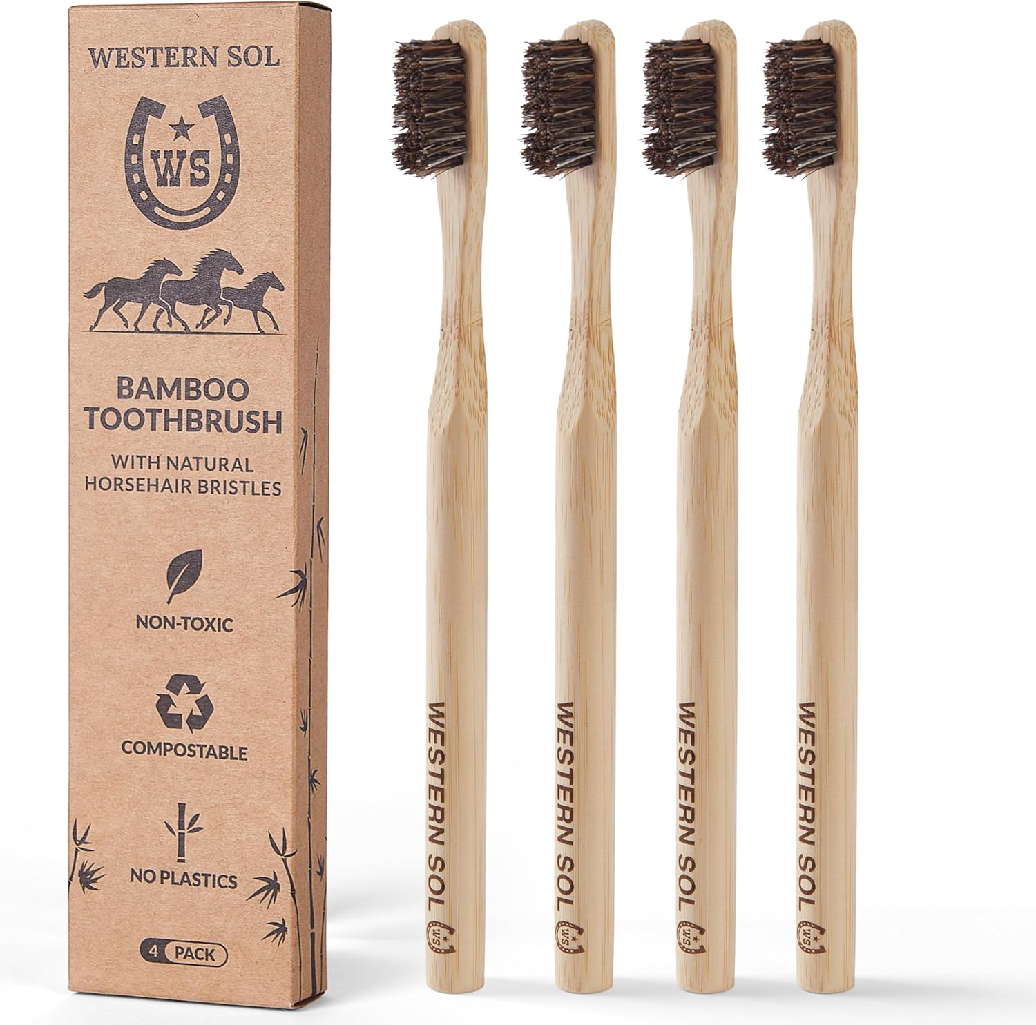 Western SOL Horse Bristle Bamboo Toothbrushes (4-Pack) – Plastic-Free, Biodegradable, Eco-Friendly Toothbrush Set – No Chemicals