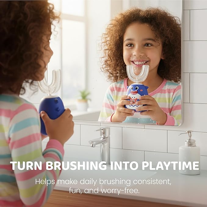 Well Before Ultrasonic Kid's U-Shaped Electric Toothbrush, IPX7 Waterproof, Five Cleaning Modes (Shark, Grey Ages 2-7)