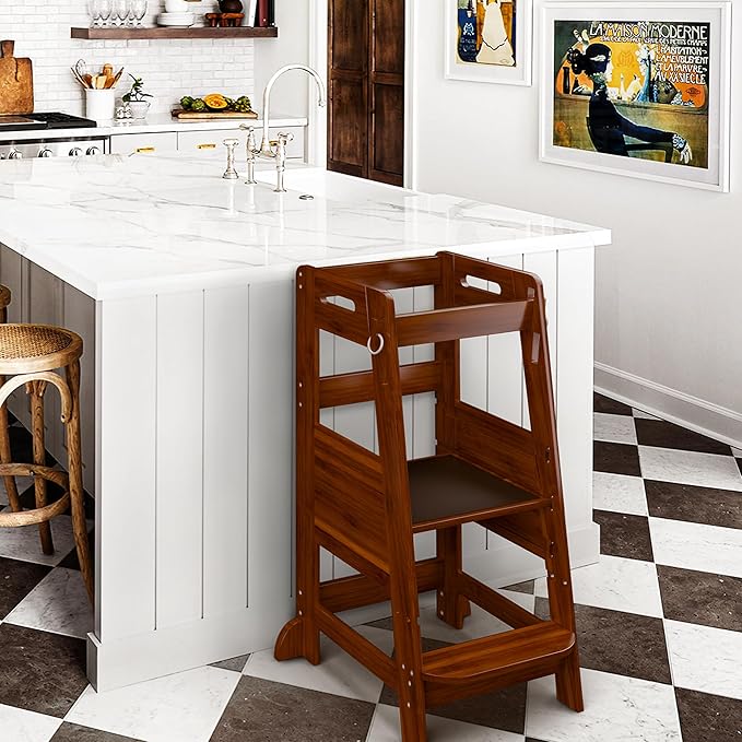 TOETOL Bamboo Toddler Kitchen Step Stool Helper Standing Tower Height Adjustable with Anti-Slip Protection