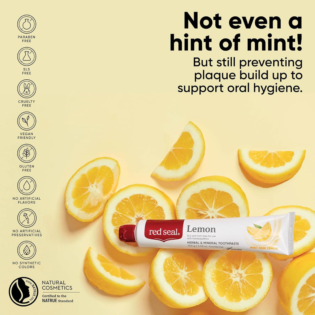 Red Seal Fluoride Free Lemon Toothpaste - Flavored Toothpaste with a Non Mint Taste - Vegan Friendly, Cruelty Free, No Artificial Colors or Flavors, NATRUE Certified Natural, SLS Free, 3.53 oz (2)