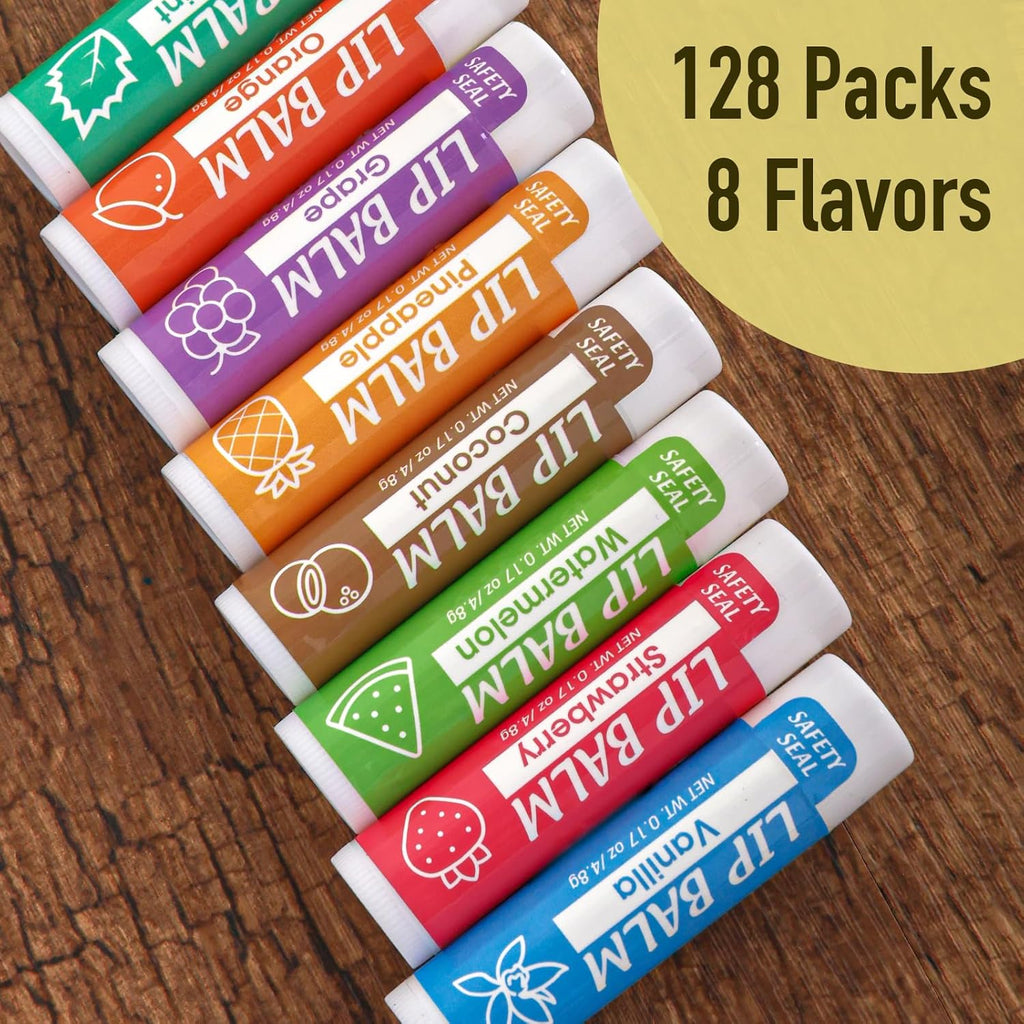 128 Pack Lip Balm, Natural Lip Balm Bulk with Vitamin E and Coconut Oil, Moisturizing Lip Balms for Dry Cracked Lips, Lip Balms for Stocking Stuffers - 8 Flavors
