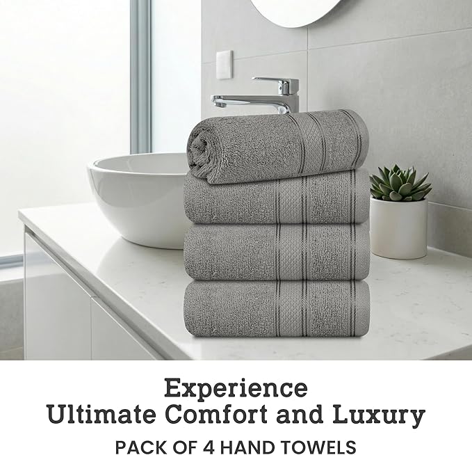 Casa Lino 100% Cotton Hand Towels for Bathroom - Soft, Highly Absorbent & Quick Dry Kitchen Towels - Gym Towel Set - Travel Towel Set - 24" x 16" - Pack of 4 - (Silver Grey)