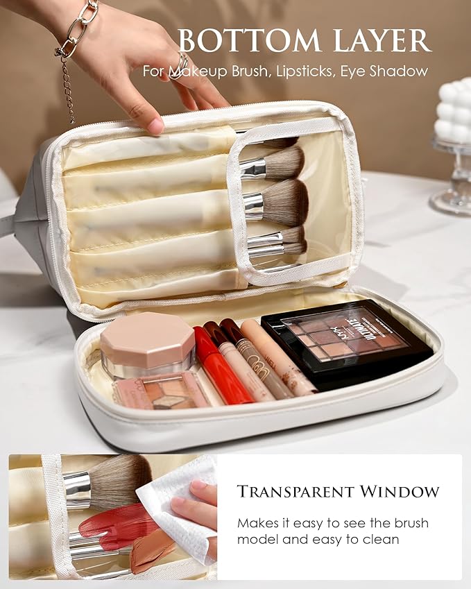 Gifts for Teen Girls 16-18, Initial Large Makeup Bag, Bride To Be Gifts, Double Layer Cosmetic Bag, Waterproof PU Travel Toiletry Bag for Bachelorette Party Women Wedding Bridal, Bride Gifts