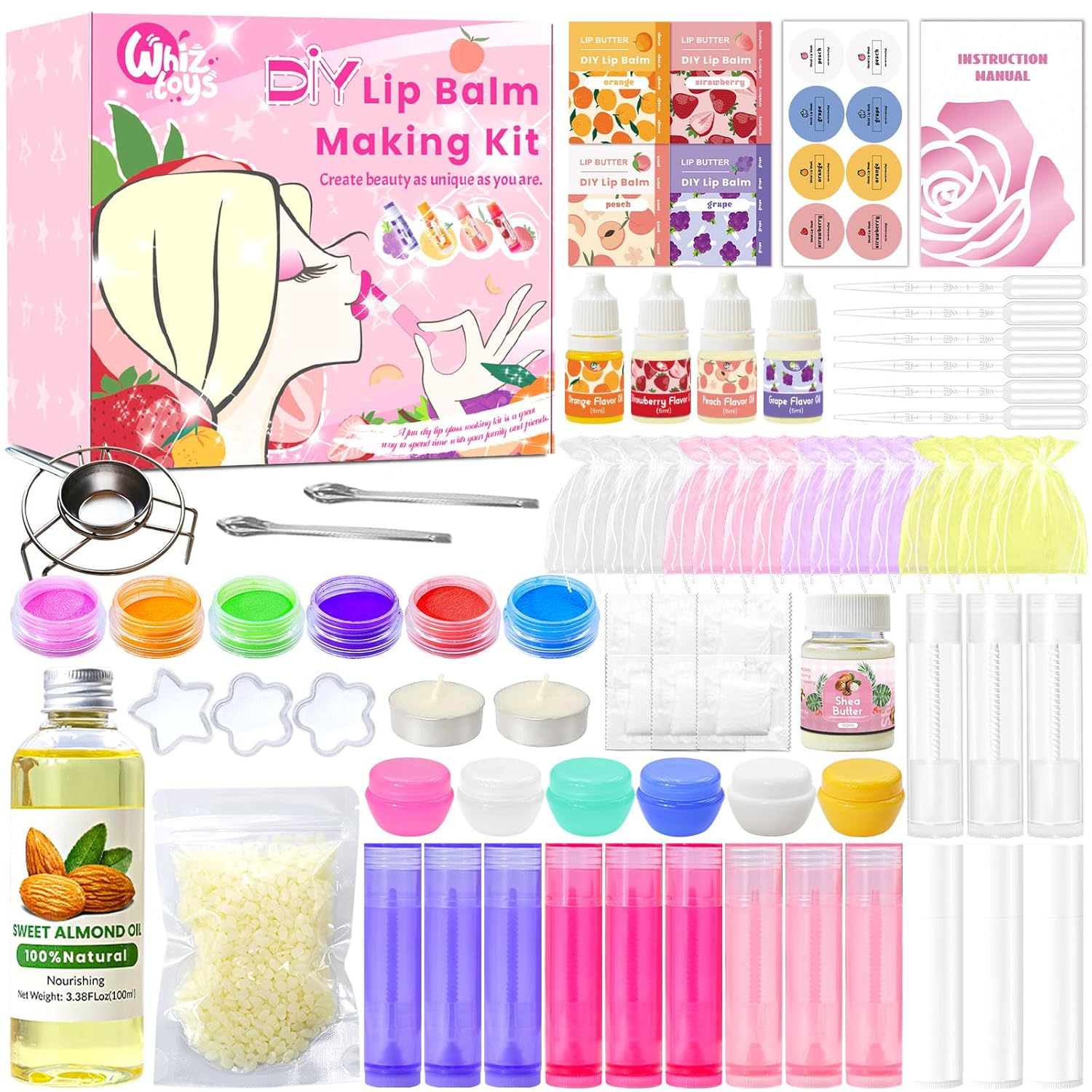 DIY Lip Balm Making Kit Teen Girl Gifts Trendy Stuff Make Your Own Lip Gloss Set with Natural Beeswax, Shea Butter,Sweet Almond Oil,24 PCS Lip Blam Containers