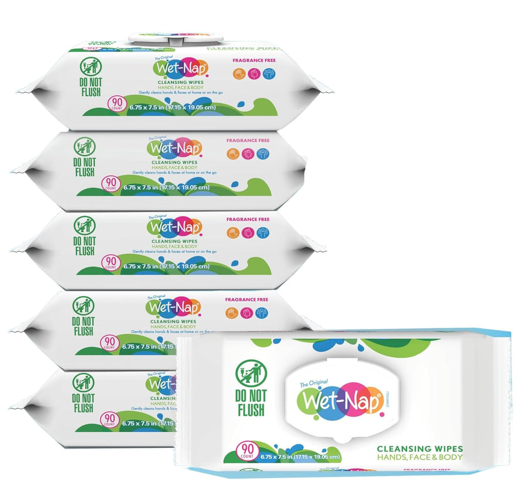 Wet Nap Hand & Face Cleansing Wipes | Disposable Plant-Based Wet Wipes | Gentle, Fragrance Free Formula for Sensitive Skin | Paraben-Free & Alcohol-Free | 90 Count (Pack of 6)